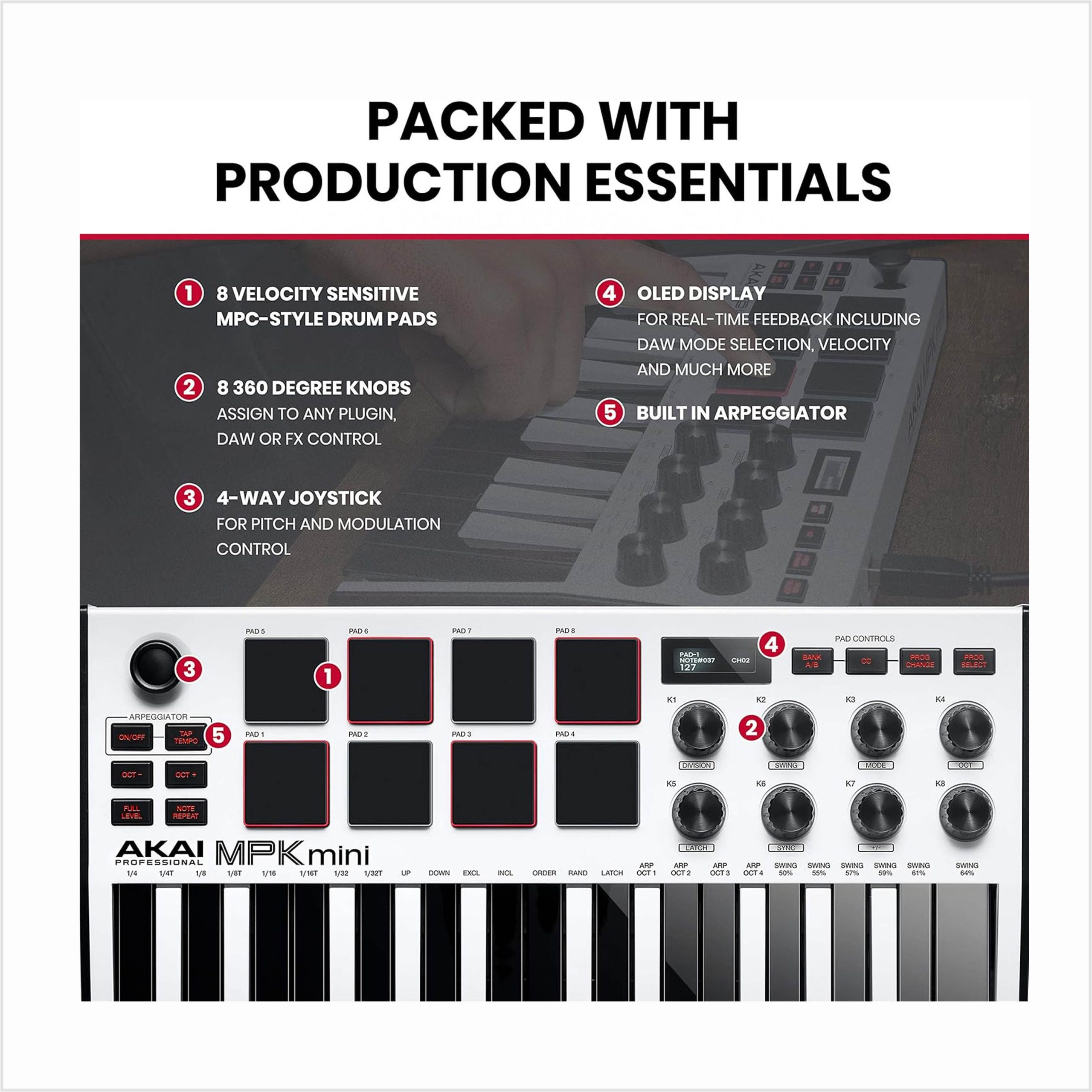 AKAI MPK MINI 3B Controlado keyboard (Blanco) - Imagen 2